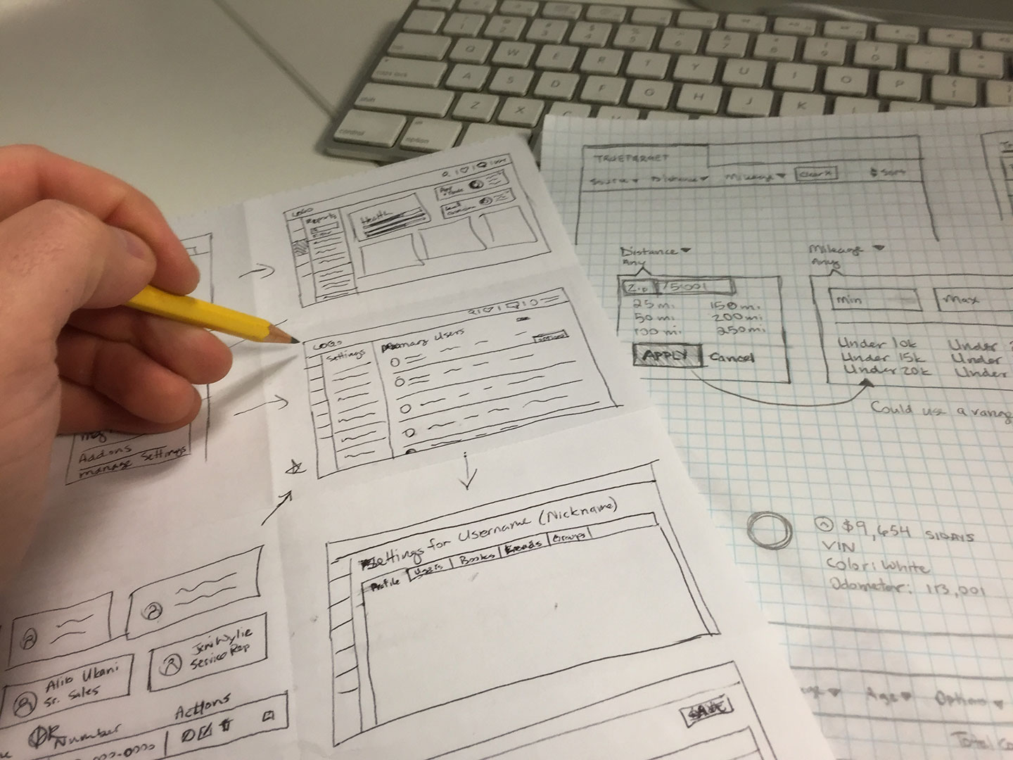 Chris Alexander sketching wireframes and journey maps on paper