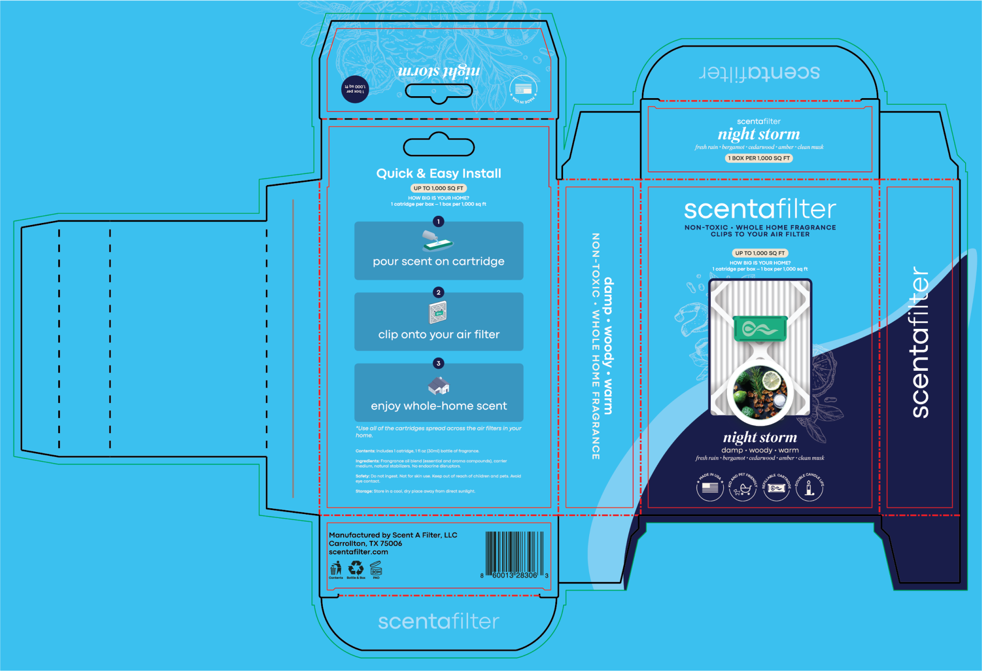 The Night Storm scentafilter box before and after the rebrand, showing the script logo replaced by the scentafilter wordmark and home-size guidance added