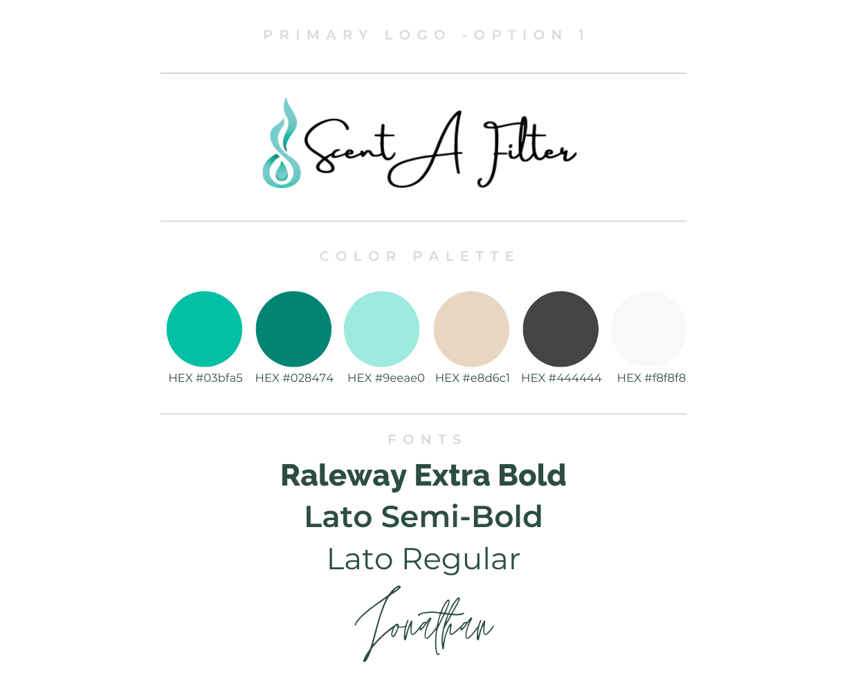 The original one-page brand sheet built in Canva, showing a script logo, six hex codes, and four fonts