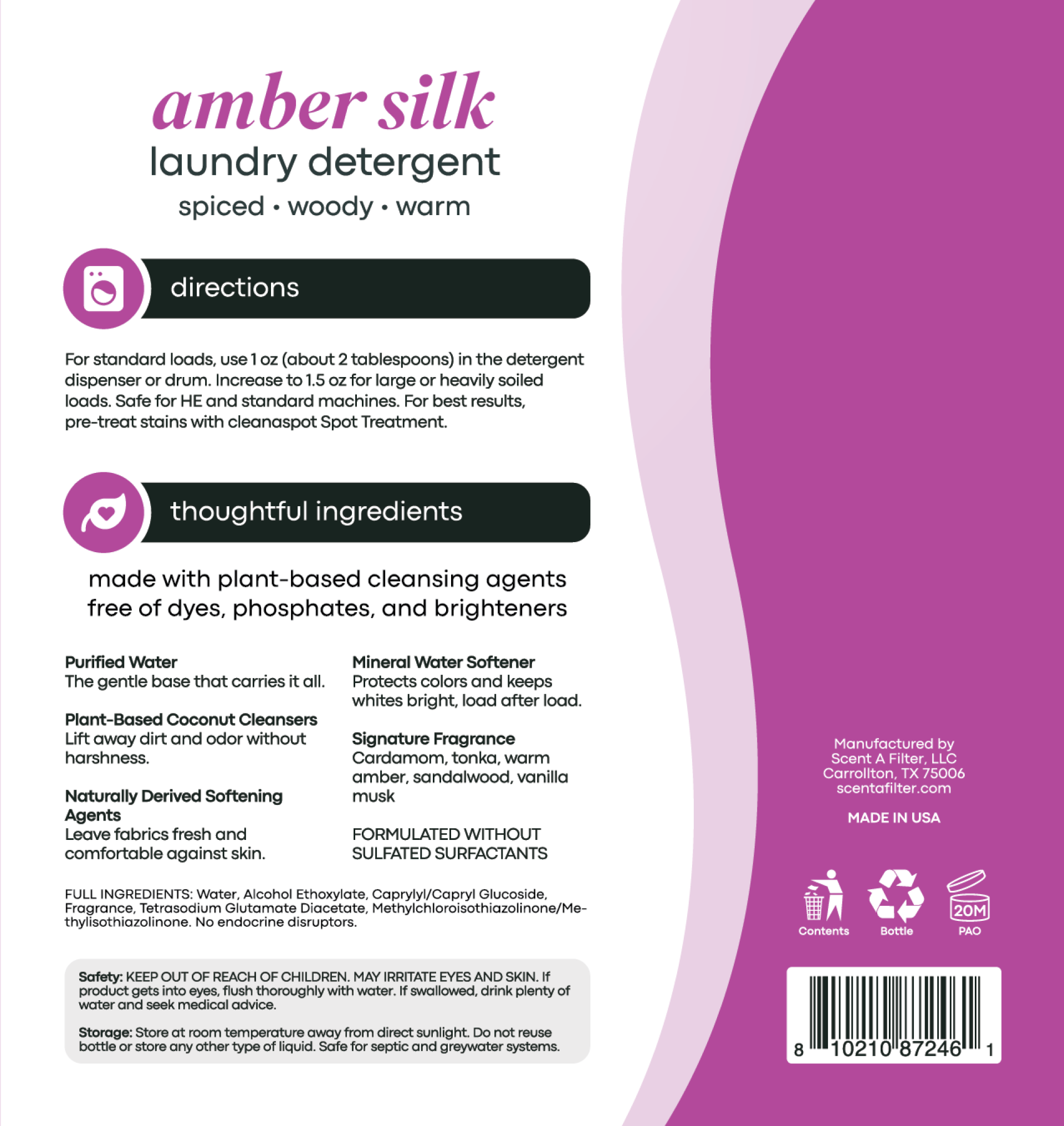 The back label's two icon-headed blocks, directions and thoughtful ingredients, with named actives above the full ingredient list