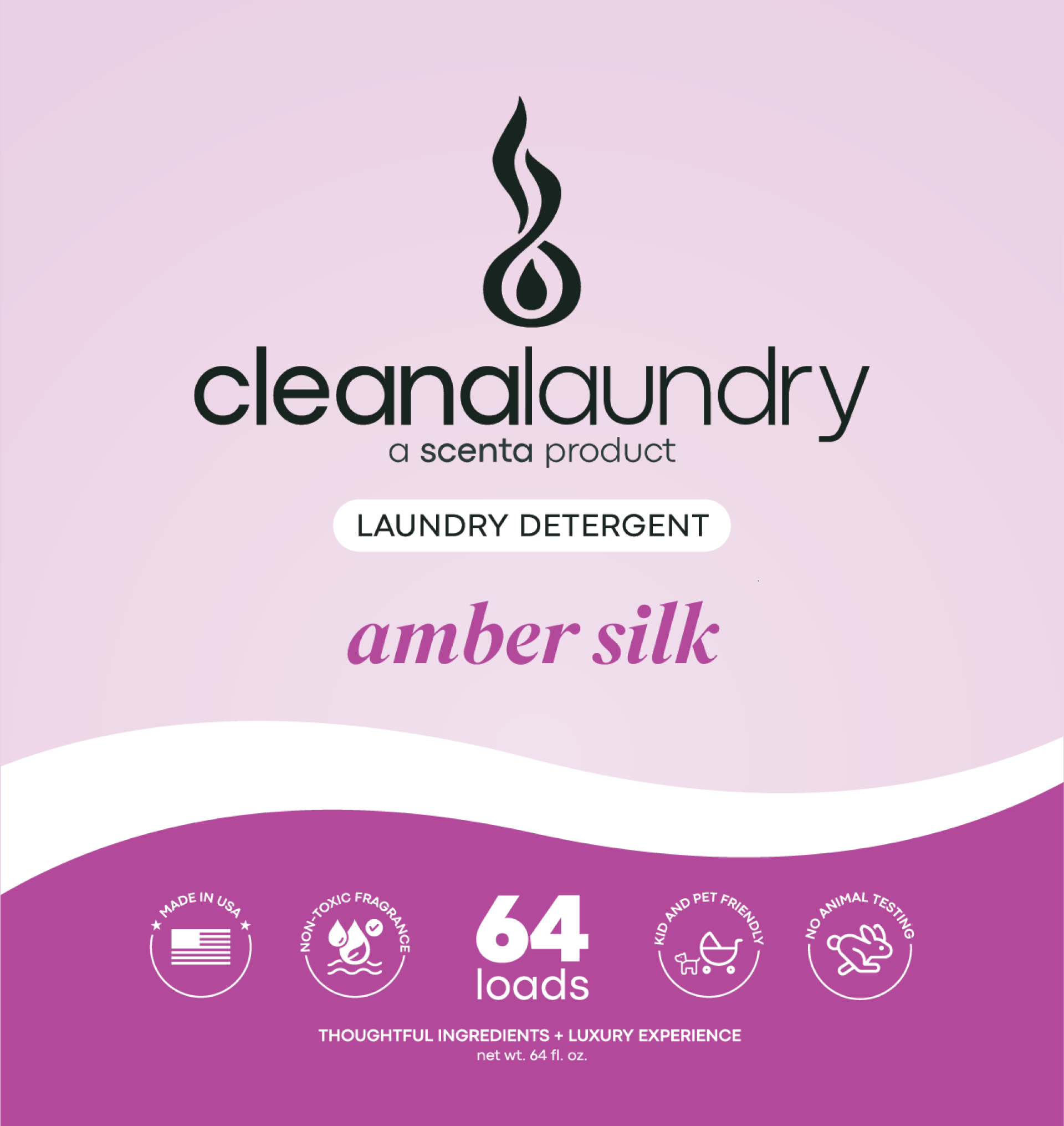 The cleanalaundry amber silk front label in purple, showing the two-weight wordmark, the 'a scenta product' endorsement line, and the variant name in Superior Title italic