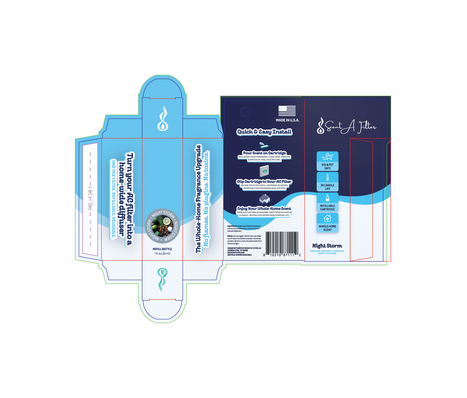 The Night Storm refill bottle box dieline in mint and navy