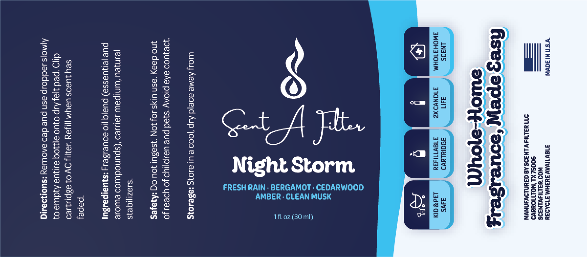 The Night Storm scent bottle label in navy and gold, from the 2025 run before the rebrand
