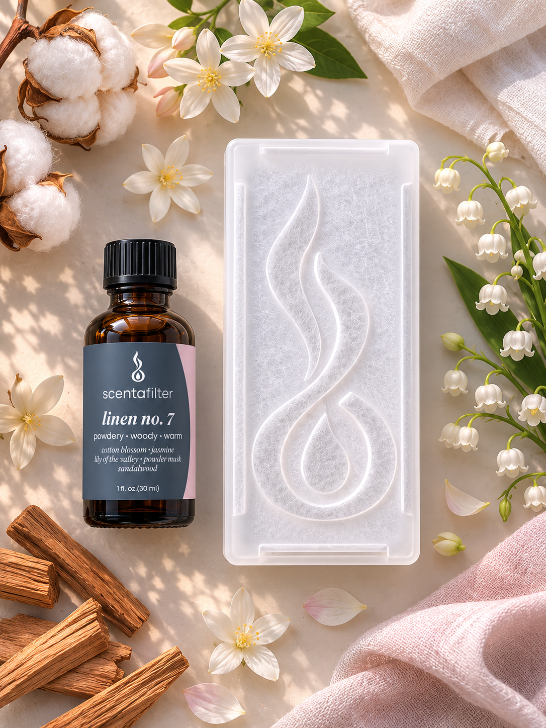 An overhead flat-lay of the linen no. 7 cartridge and bottle among cotton blossom, jasmine, lily of the valley, and sandalwood