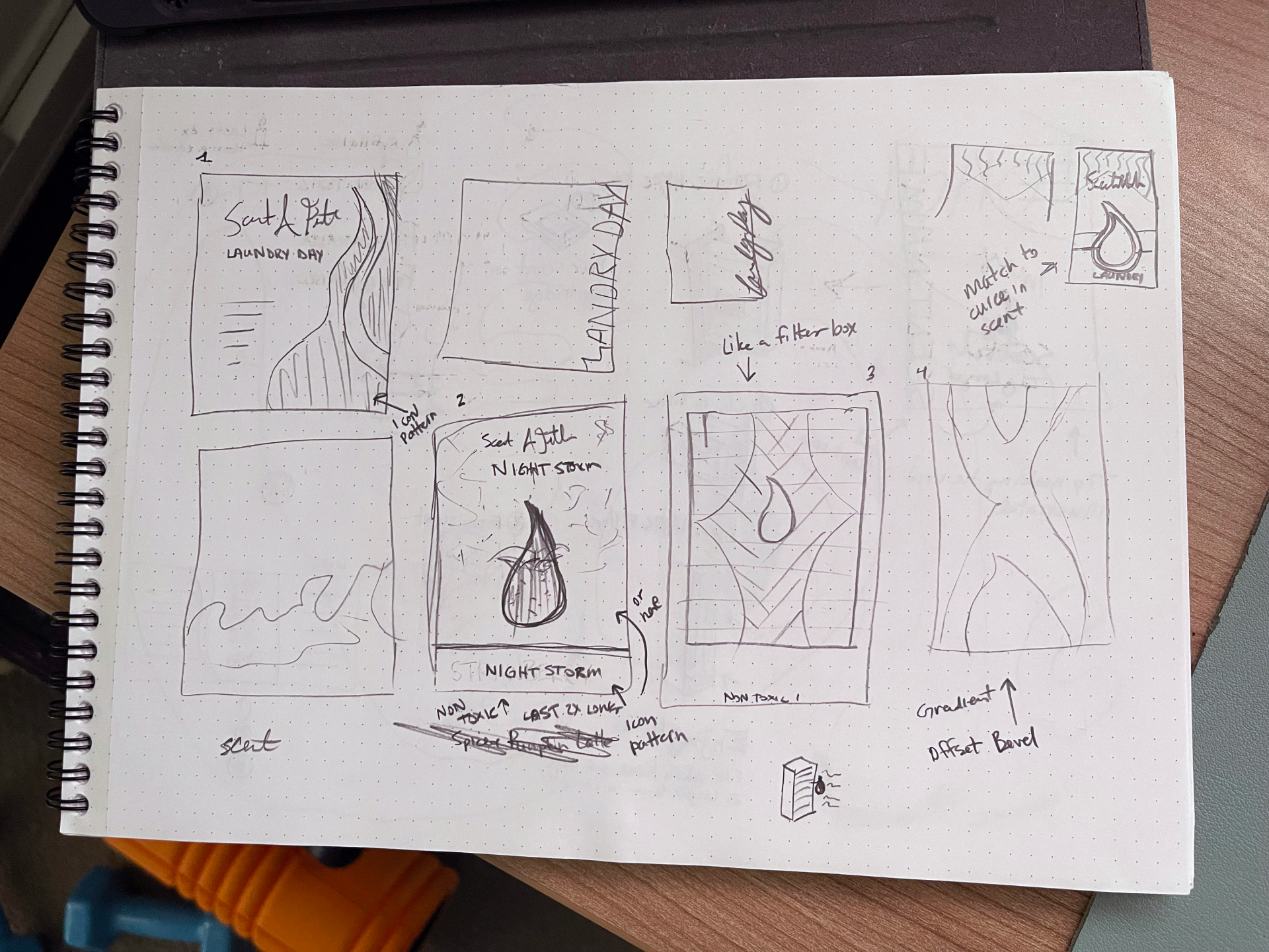 A pencil sketch exploring four front-panel directions, including an icon pattern, an oversized flame symbol, and a filter-grid treatment