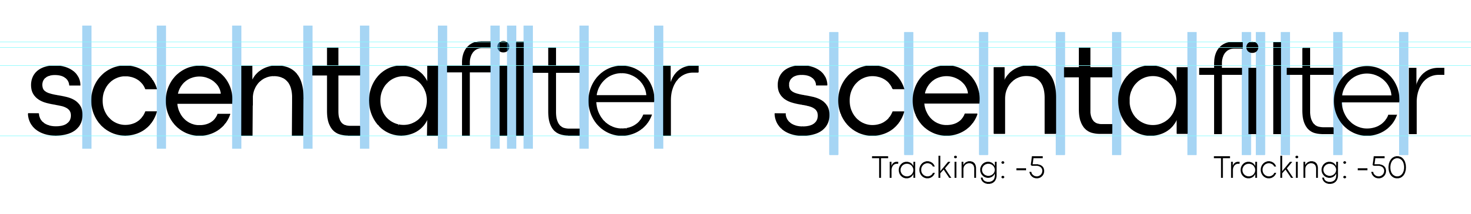 The scentafilter wordmark shown twice: the redrawn version at left with evenly spaced letters, and the version set with tracking at right, where vertical bars reveal uneven gaps between letter pairs